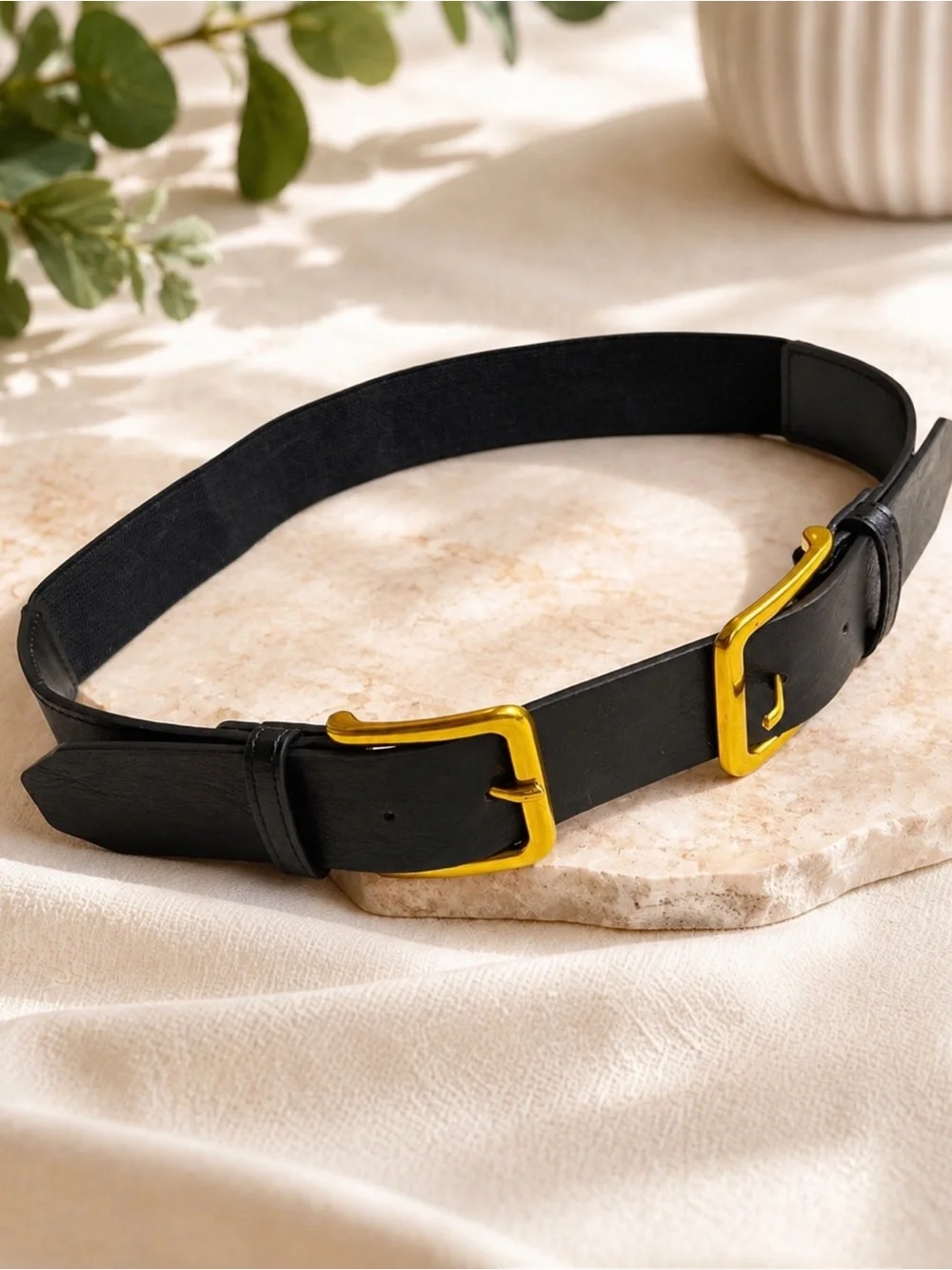 Black Waist Belt for Dressed with Gold Double Buckles in Faux Leather & Elastic